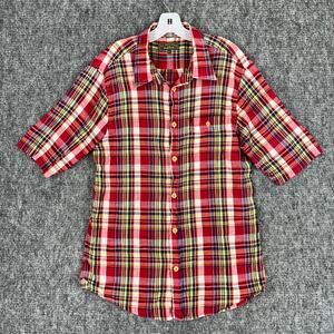 J.L. Powell Mens Button-Up Shirt Large Red Plaid Casual Short Sleeve Cotton